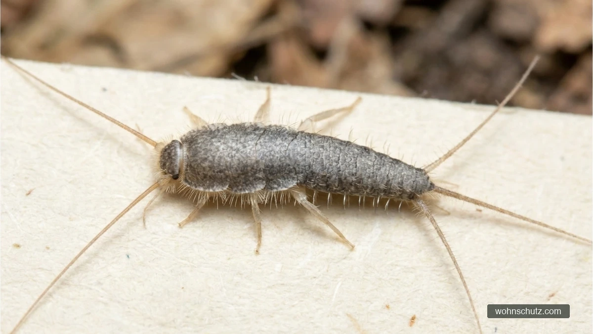 Papierfischchen (Ctenolepisma longicaudata) in Nahaufnahme – mattgraue, gefleckte Oberfläche mit seitlichen Borstenbüscheln und langen Schwanzfäden