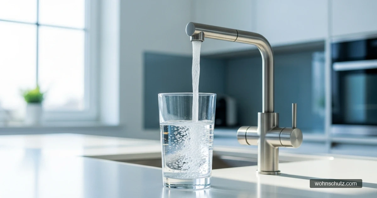 Ein Glas Leitungswasser wird an einem modernen Küchenwasserhahn gefüllt