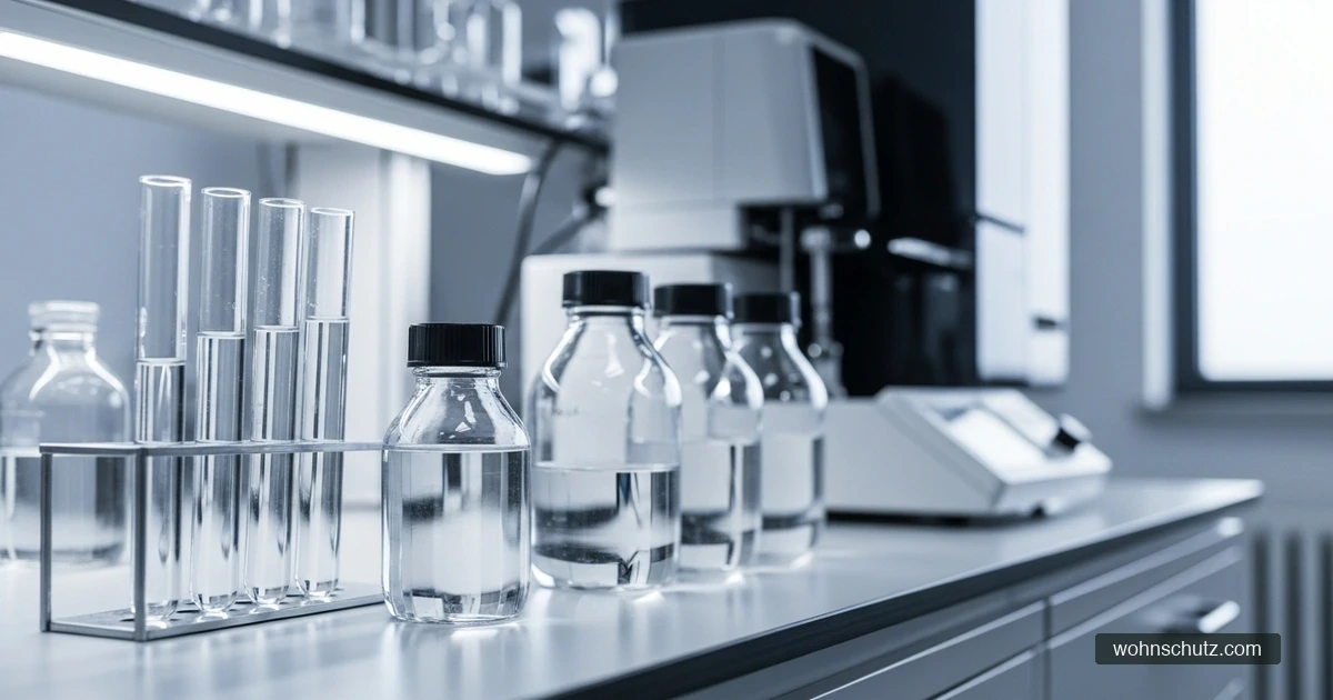 Wasserproben in Glasflaschen und Reagenzgläsern auf einem Labortisch bei der chemischen Analyse