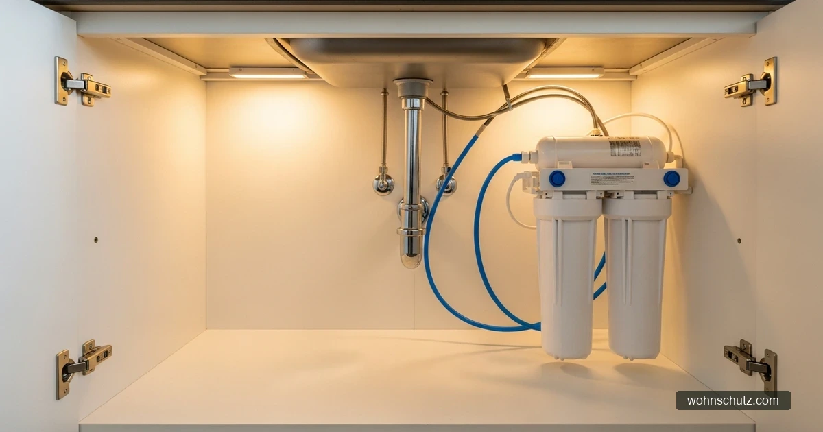 Wasserfilteranlage mit Filterkartuschen unter einer Küchenspüle installiert