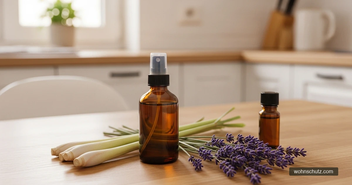 DIY Mückenspray aus Zitronengras und Lavendel – Sprühflasche und frische Kräuter auf Holztisch