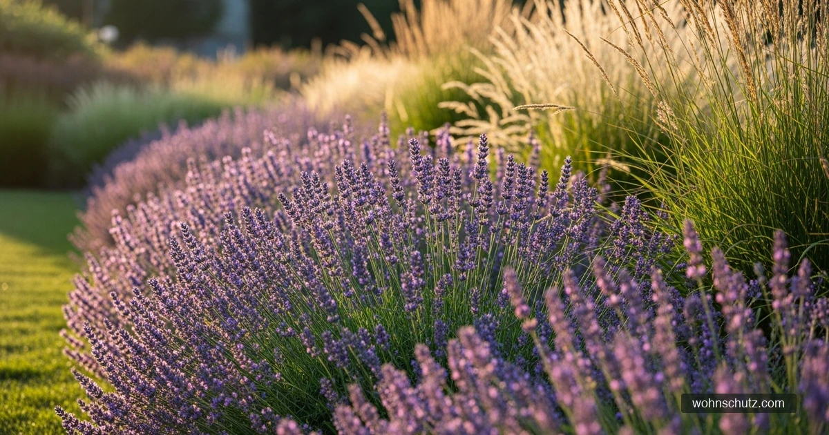 Pflegeleichtes Staudenbeet mit Lavendel, Katzenminze und Ziergräsern in einem sonnigen Garten