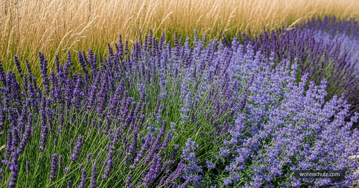 Buntes Staudenbeet mit blühendem Lavendel, Katzenminze und Ziergräsern an einem sonnigen Standort