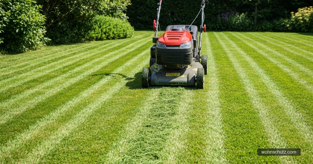 Rasenmäher mäht einen gepflegten grünen Rasen im Hausgarten an einem sonnigen Tag