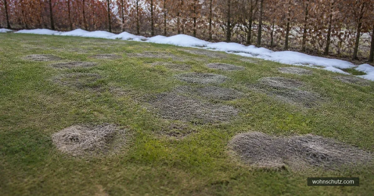 Rasenfläche im Spätwinter mit runden grau-braunen Flecken nach der Schneeschmelze