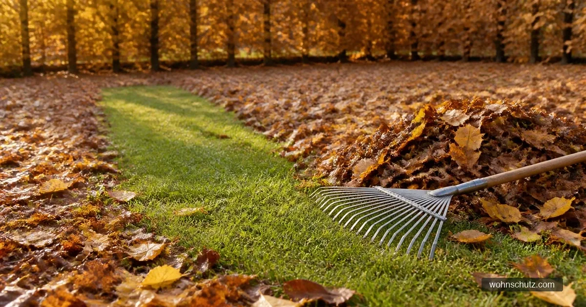 Rasenfläche im Herbst, eine Bahn ist bereits von Laub freigerecht, daneben ein Fächerbesen und ein Laubhaufen vor einer Buchenhecke