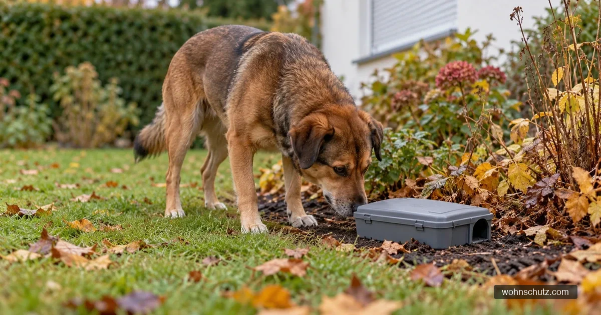Hund schnuppert im Garten an einer geschlossenen grauen Rattenköderstation am Rand eines Beets