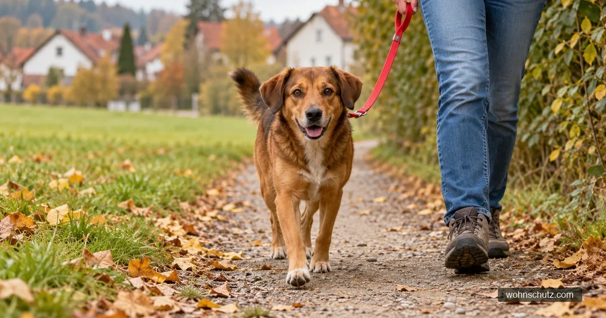 Brauner Mischlingshund läuft an kurzer roter Leine auf einem Feldweg am Ortsrand im Herbst