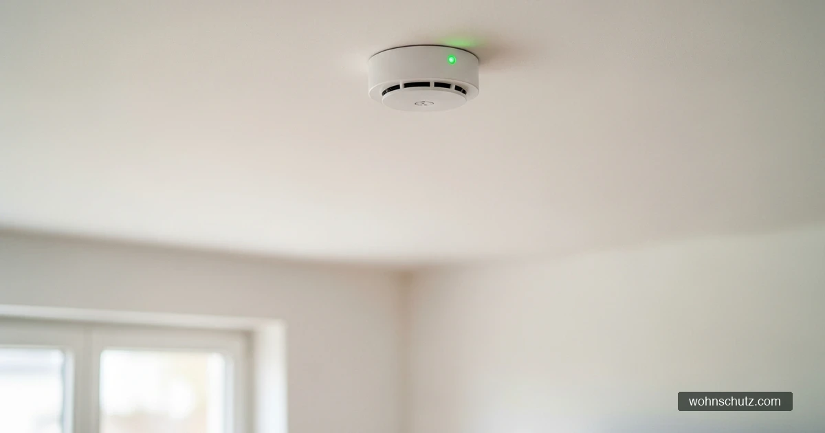 Weißer Rauchmelder an einer Zimmerdecke mit leuchtender Kontroll-LED in einem hellen Wohnraum