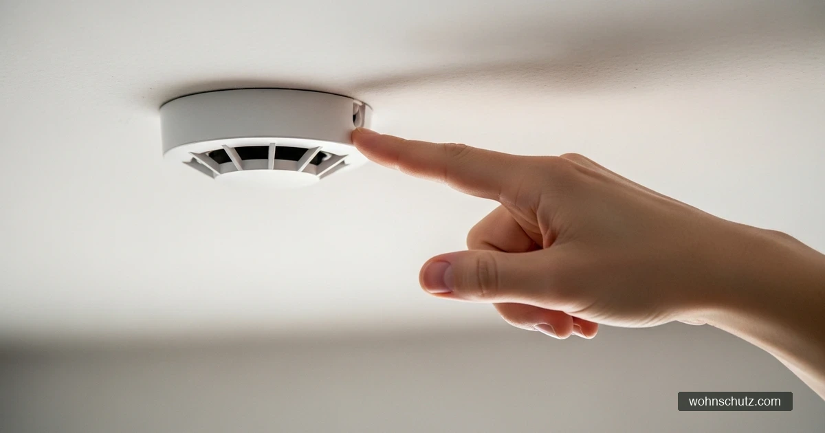 Finger drückt die Prüftaste eines an der Decke montierten Rauchmelders zum Funktionstest