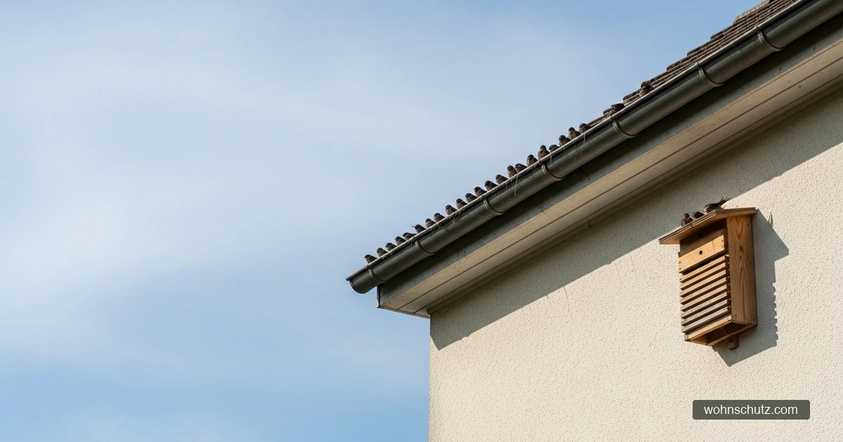 Vögel auf der Dachrinne eines Wohnhauses und ein Fledermauskasten an der Fassade als Quartier für geschützte Arten