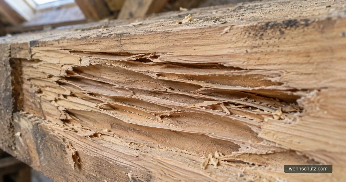 Aufgestemmter Dachbalken mit flachen, glattwandigen Rossameisen-Kammern zwischen dünnen Holzstegen