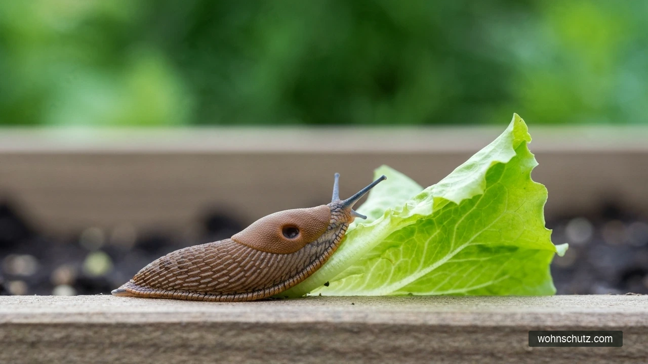 Nacktschnecke an Salatpflanze im Hochbeet – typischer Schaden