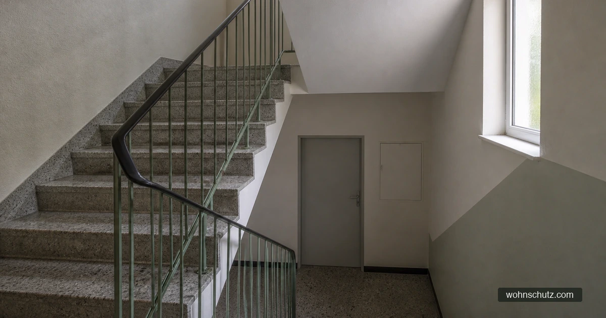 Treppenhaus eines Mehrfamilienhauses mit Kellertür und Steigschacht-Revisionsklappe