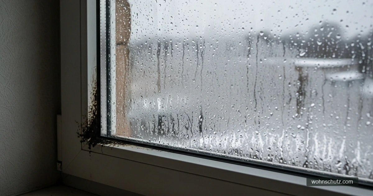 Kondenswasser und dunkle Schimmelflecken am Fensterrahmen im Winter