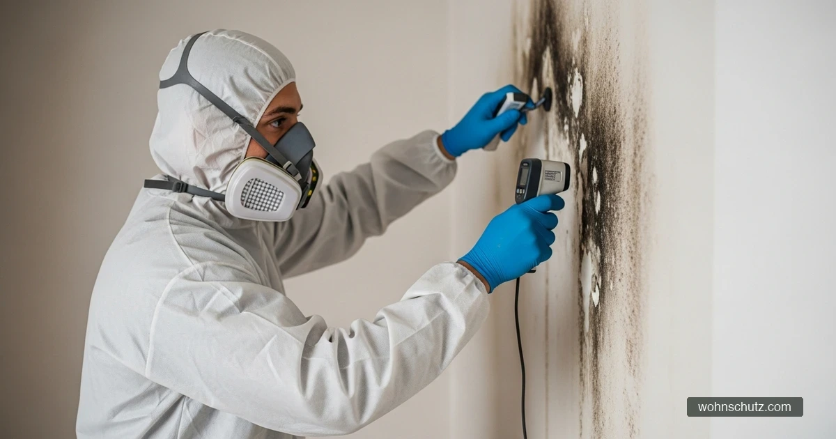 Fachkraft in Schutzkleidung entfernt Schimmel von einer Wohnungswand mit Messgerät und Werkzeug