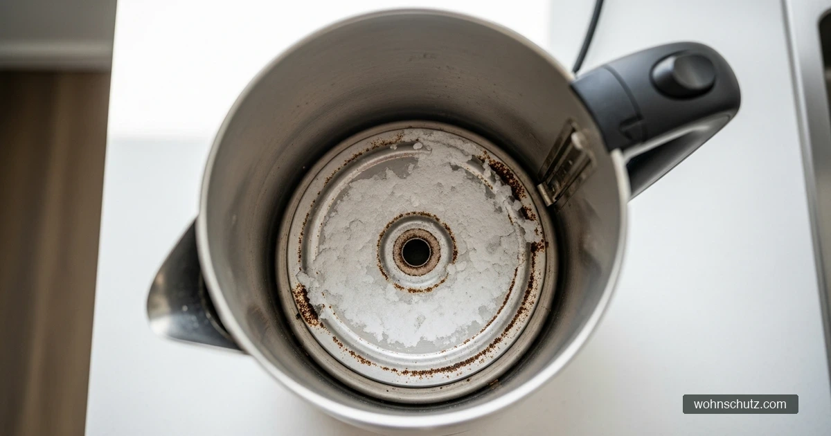 Blick in einen geöffneten Wasserkocher mit kalkhaltigem Belag am Heizboden