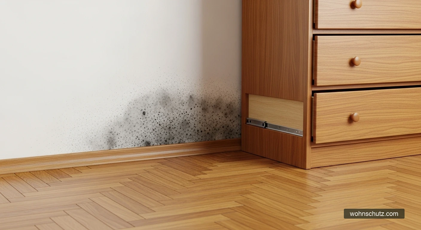 Schwarze Schimmelflecken hinter einem Schrank an der Außenwand – versteckter Befall in der Wohnung