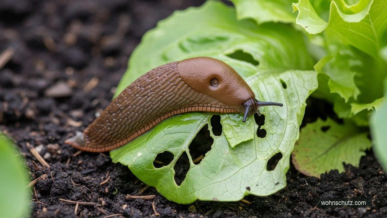 Braune Nacktschnecke frisst Salatblatt im Gemüsebeet – Schneckenbefall im Garten
