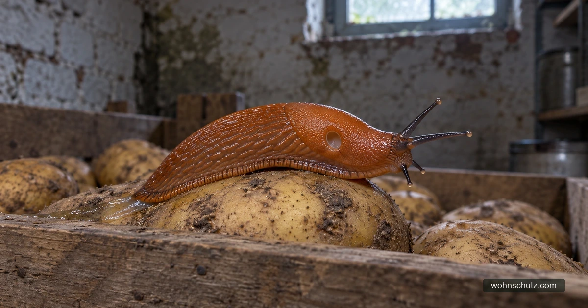 Rotbraune Nacktschnecke kriecht über Kartoffeln in einer Holzkiste in einem feuchten Altbaukeller, hinter ihr eine glänzende Schleimspur