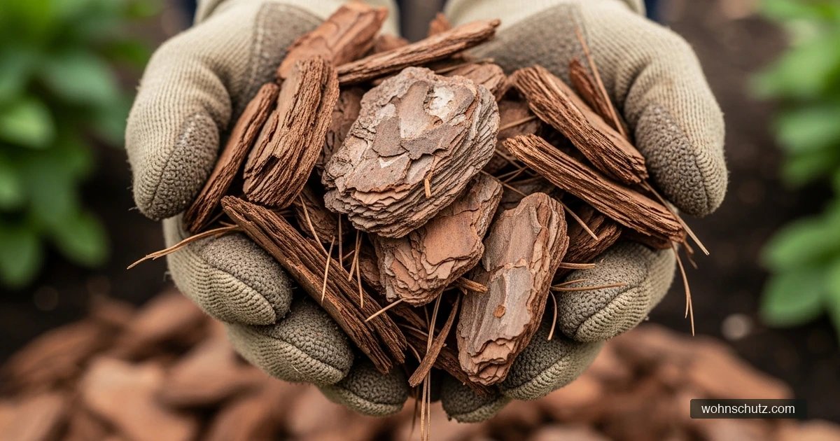 Grober Rindenmulch im Detail – trockene, raue Oberfläche als Barriere gegen Schnecken