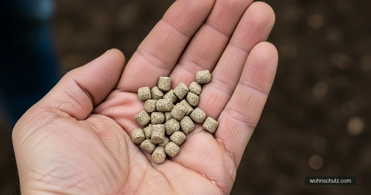 Eisenphosphat-Schneckenkorn-Pellets in der Hand eines Gärtners – Korngröße im Detail