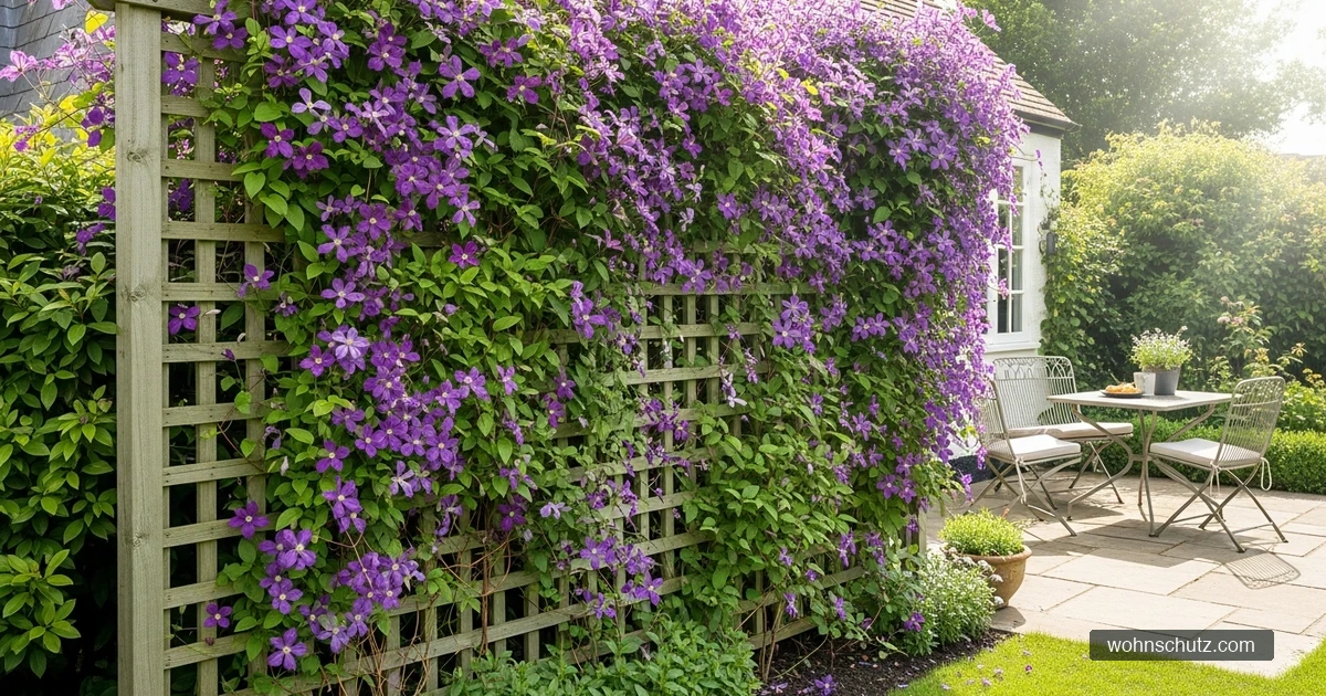 Rankgitter mit blühender Clematis als grüner Sichtschutz an einer Gartenterrasse