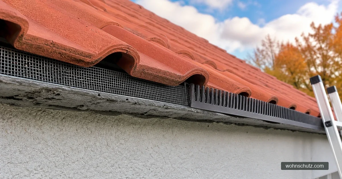 Traufe eines Hauses mit roten Dachziegeln, der Spalt ist mit feinem Edelstahlgewebe hinterlegt, daneben ein eingesteckter Traufkamm