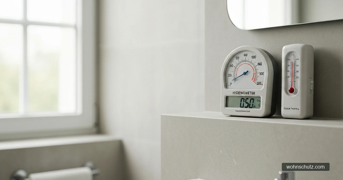 Hygrometer im Badezimmer zeigt erhöhte Luftfeuchtigkeit