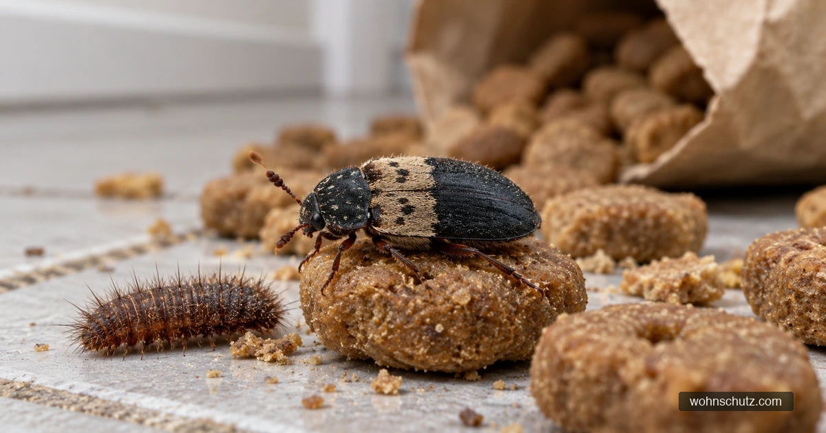 Gemeiner Speckkäfer mit heller Querbinde sitzt auf einer Trockenfutter-Krokette vor einem umgekippten Papiersack Hundefutter, links daneben eine behaarte Speckkäferlarve