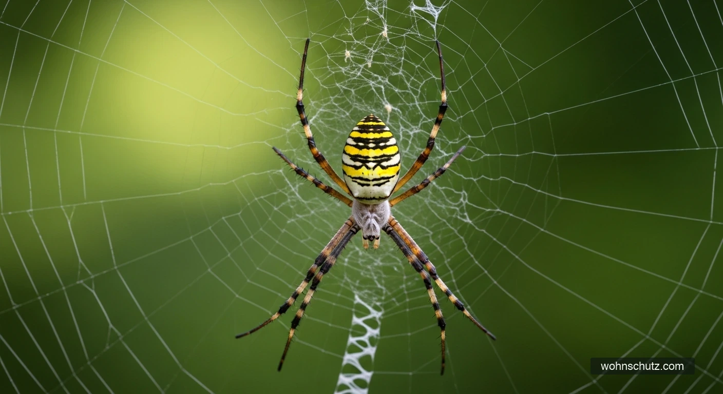 Wespenspinne (Argiope bruennichi) in ihrem Radnetz – gelb-schwarz-weiße Querstreifen auf dem Hinterleib