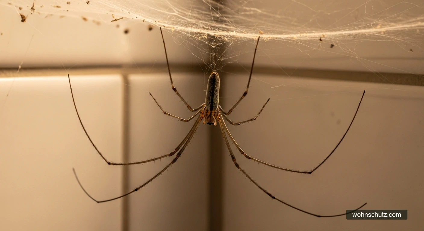 Zitterspinne (Pholcus phalangioides) in Badezimmerecke – extrem lange Beine und dreidimensionales Wirrwarmnetz