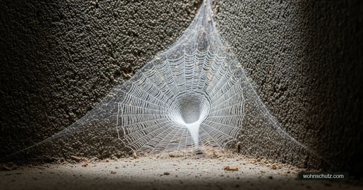 Trichterförmiges Spinnennetz in einer Kellerecke – die Röhre in der Mitte dient der Spinne als Rückzugsort