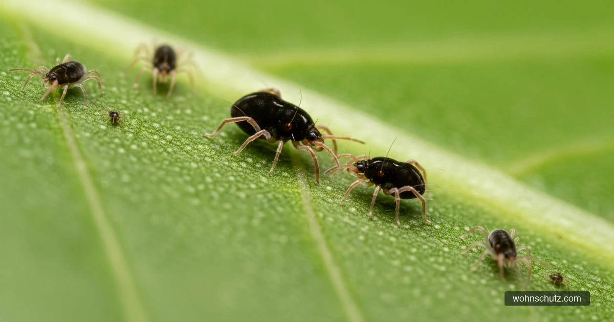 Raubmilben Phytoseiulus persimilis als biologische Spinnmilbenbekämpfung auf Pflanzenblatt