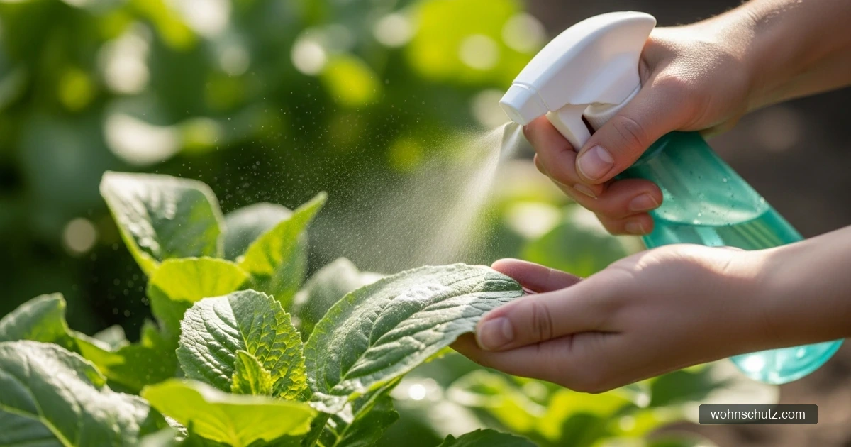 Seifenwasser-Spray gegen Spinnmilben – Sprühflasche auf Blättern anwenden