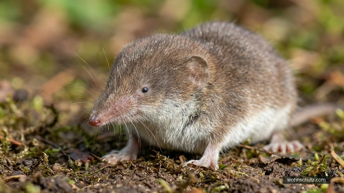Feldspitzmaus (Crocidura leucodon) in Nahaufnahme – rüsselartig zugespitzte Schnauze und winzige Augen