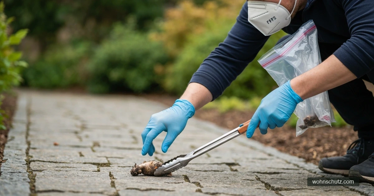 Person mit FFP2-Maske und Einweghandschuhen bei der sicheren Bergung einer toten Spitzmaus im Garten