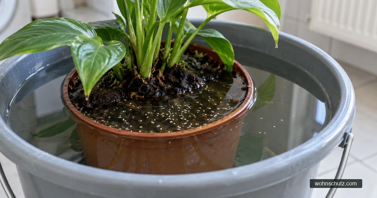 Ein Pflanzentopf steht bis zum Rand in einem Eimer mit Wasser, auf der Wasseroberfläche treiben viele winzige weiße Springschwänze