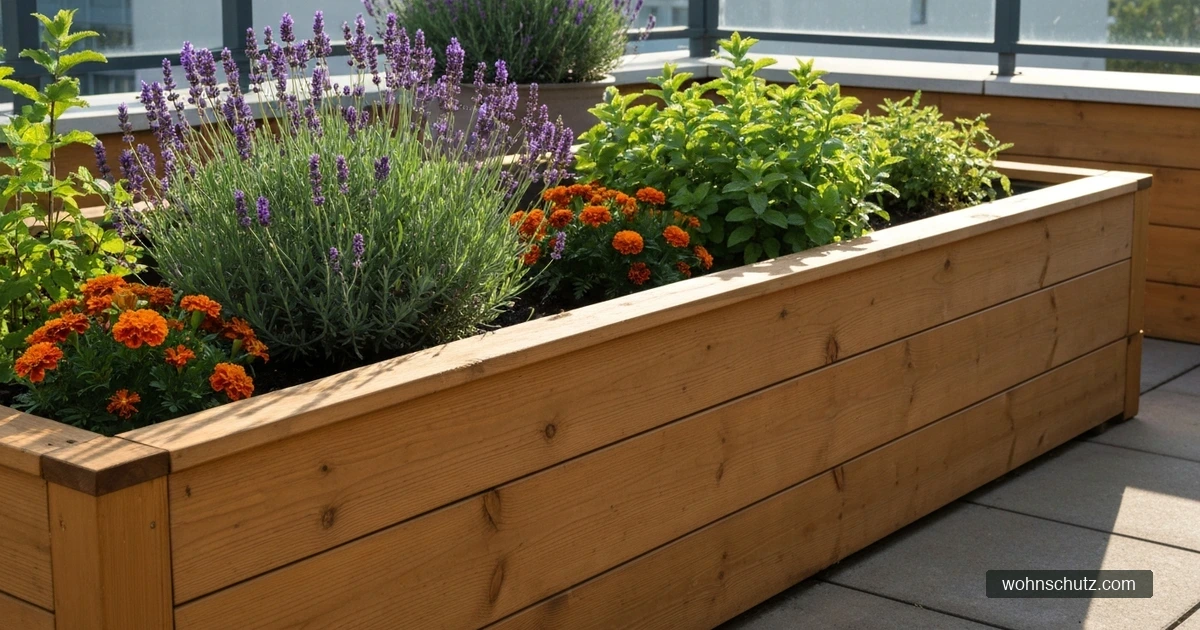 Hochbeet mit Lavendel, Zitronengras und Tagetes neben einer Terrasse