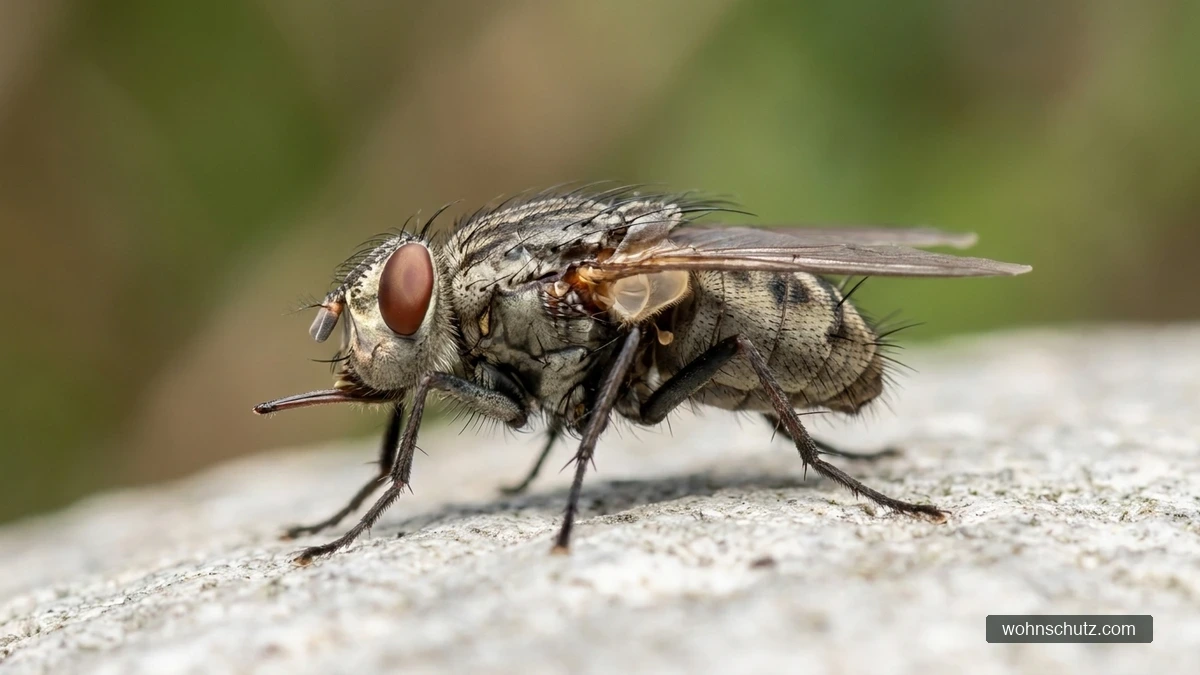 Stechfliege (Stomoxys calcitrans) im Profil – der starre, nach vorne gerichtete Stechrüssel ragt wie ein Bajonett aus dem Kopf