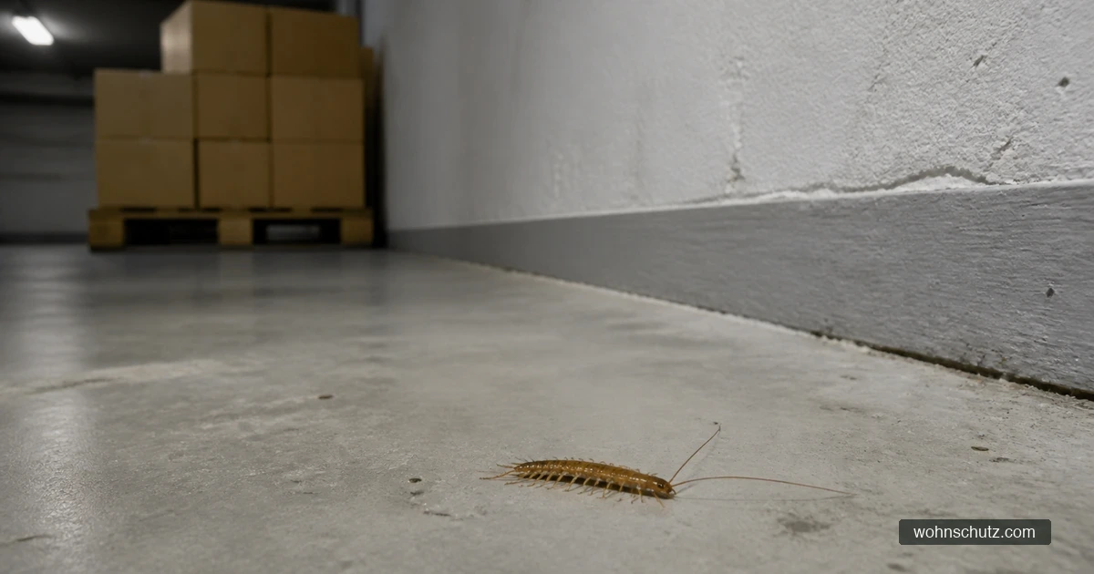 Rotbrauner Steinläufer läuft nachts über Kellerboden neben einer Sockelleiste