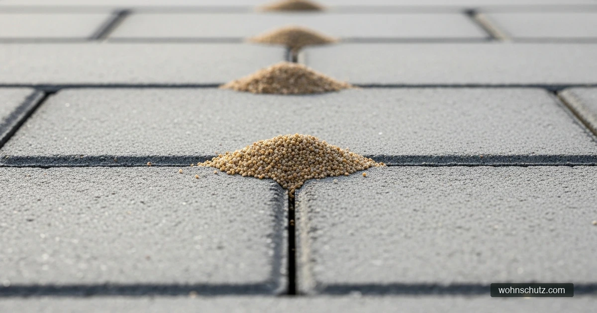 Kleine Sandhügel und ausgeräumte Fugen zwischen Terrassenplatten durch ein Ameisennest