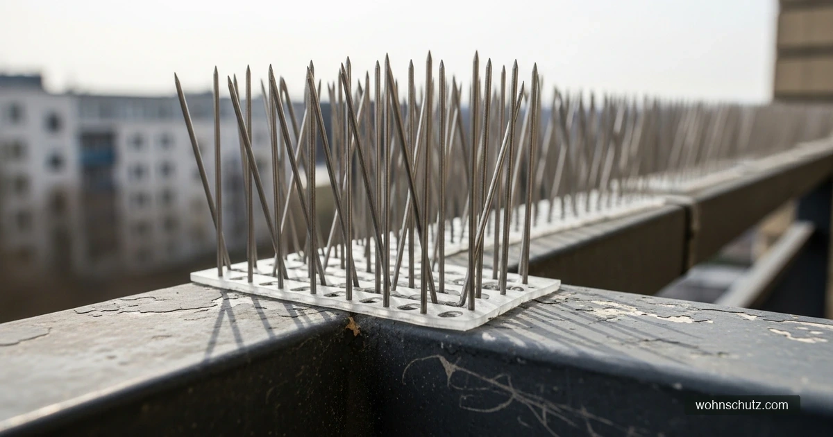 Taubenspikes aus Edelstahl auf einem Balkongeländer als erlaubte Taubenabwehr