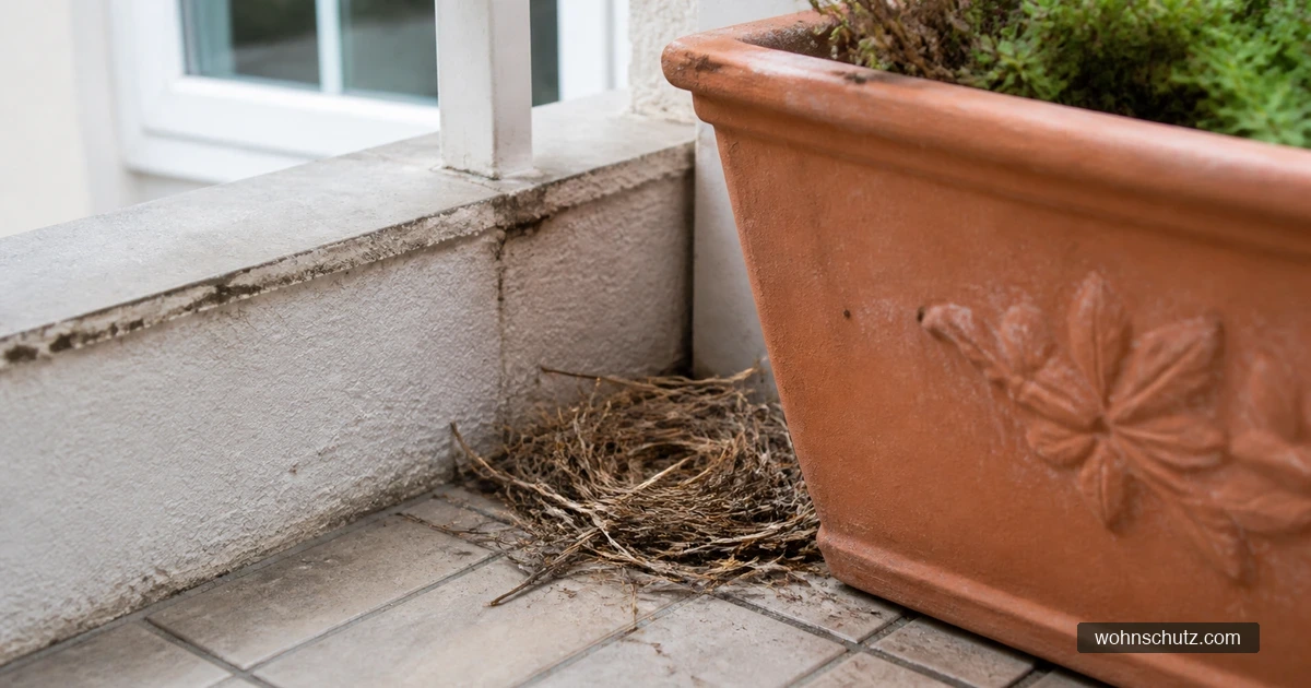 Einfaches Taubennest aus wenigen Zweigen in der Ecke eines Balkons hinter einem Blumenkasten