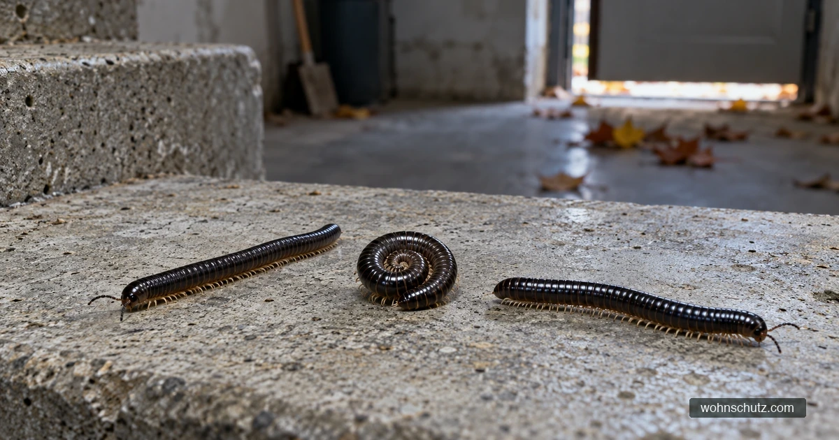 Drei schwarz glänzende Schnurfüßer auf der untersten Stufe einer Betontreppe im Keller, einer zur Spirale eingerollt, im Hintergrund der Spalt unter der Kellertür