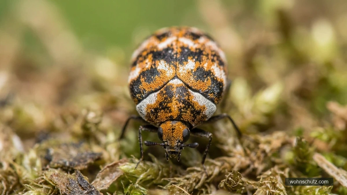 Teppichkäfer (Anthrenus verbasci) in Nahaufnahme – runder Käfer mit orange, schwarz und weiß gescheckten Schuppen