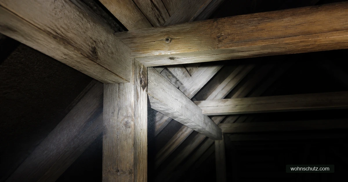 Dachstuhl eines deutschen Altbaus wird mit Taschenlampe auf Holzschäden untersucht