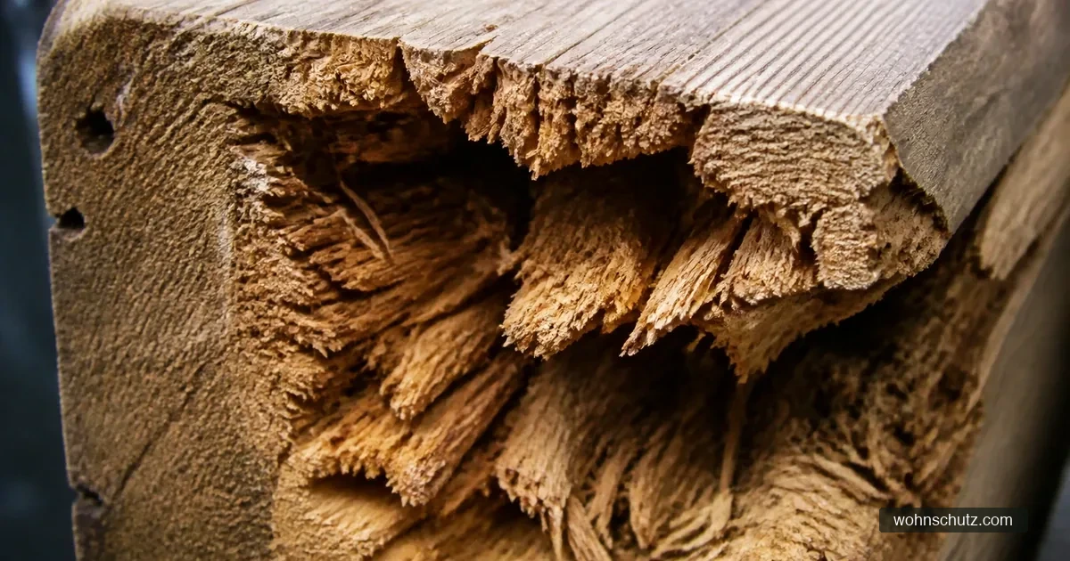 Aufgebrochener Holzbalken mit innen ausgehöhlter Struktur bei äußerlich erhaltener Oberfläche