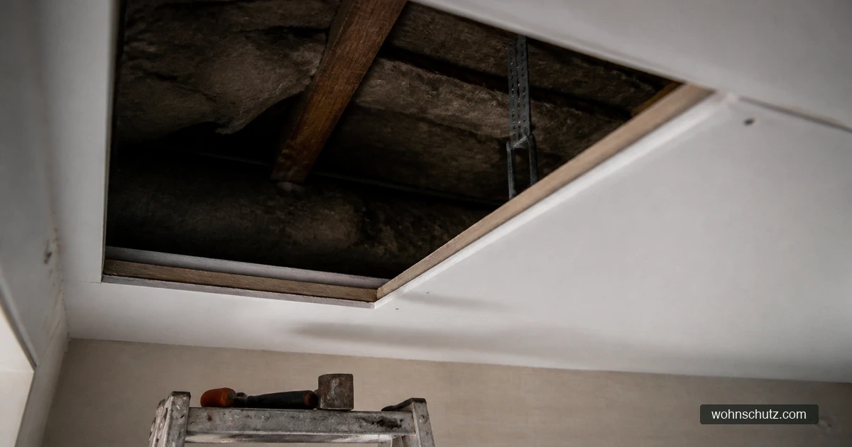 Geöffnete Revisionsklappe einer abgehängten Decke mit Taschenlampe und Endoskopkamera zur Hohlrauminspektion