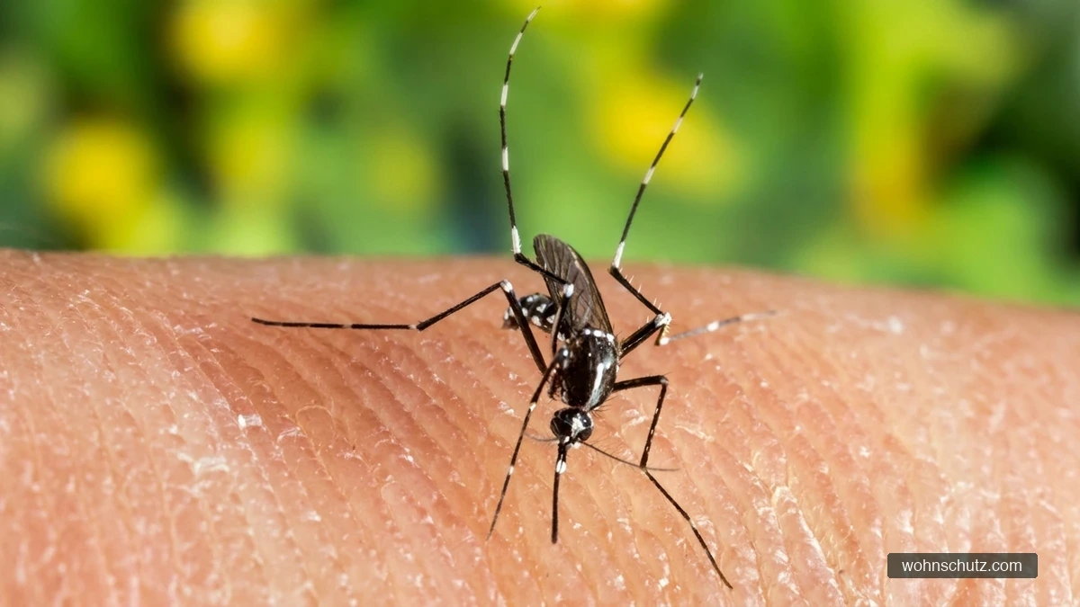Asiatische Tigermücke (Aedes albopictus) auf menschlicher Haut – schwarz-weiß geringelte Beine und weiße Längslinie auf dem Rücken